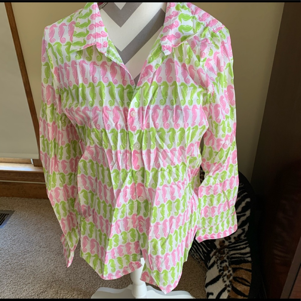 Seahorse blouse Pink green preppy large
